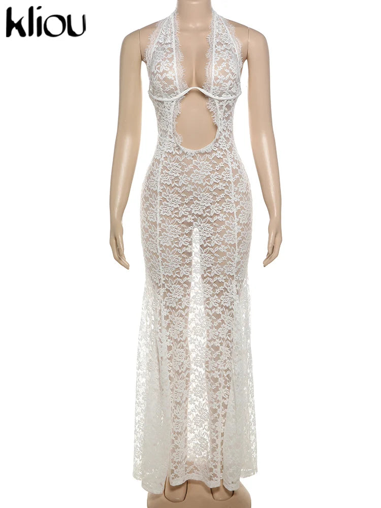 kliou Lace Halter Long Dress Women Summer Coquette Transparent Hollow Deep V-neck Ruched Trim Sheath Robe Midnight Club Vestidos