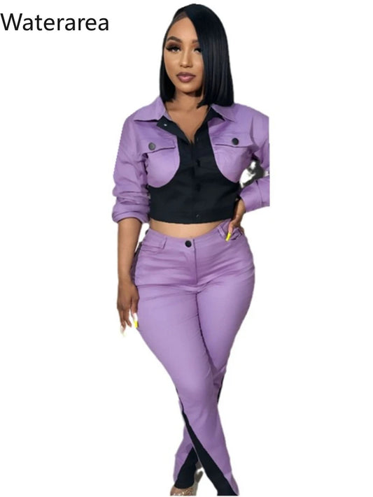 Water area Women's Set Patchwork Full Sleeve Button Fly Jacket and Straight Pants Suit