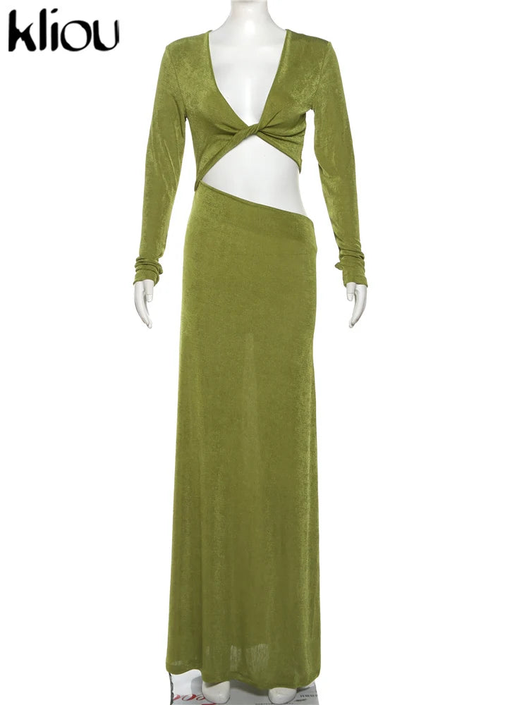 kliou Asymmetrical Waistless Women Dress Simple Solid Deep V-neck Sheath Trend Frock Sexy Popular High Street Banquet Lady Robe