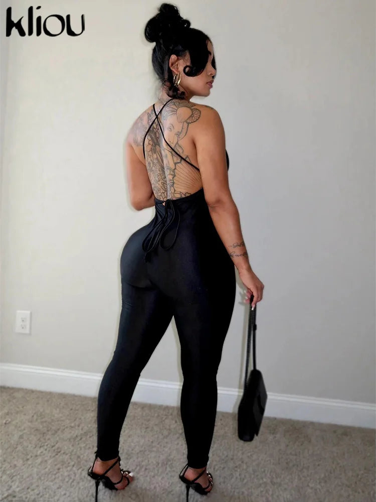 kliou Halter Bandage Jumpsuits Women 2024 Solid Simple Backless Sleeveless Deep V-neck Skinny Overalls Female Classic Streetwear
