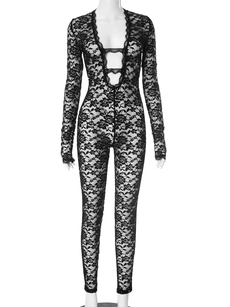 kliou Embroidered See Through Women Jumpsuits Sexy Hot Lace Deep V-neck Trim Skinny Overalls Female Stunning Nighout Clubwear