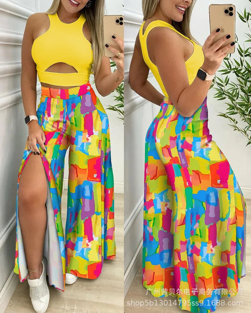 Summer Suit Women Solid Cut-out Tank Top & Tropical Print Split Wide Leg Pants Set