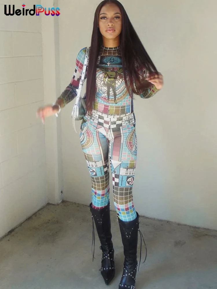 Weird Puss Pixel Print Women 2 Piece Set Tracksuit Colorful Full Sleeve Crop Tops+Leggings Stretch Matching Streetwear Outfits
