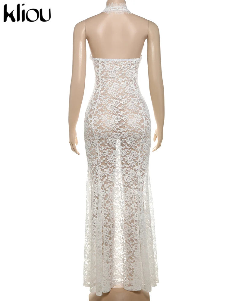kliou Lace Halter Long Dress Women Summer Coquette Transparent Hollow Deep V-neck Ruched Trim Sheath Robe Midnight Club Vestidos