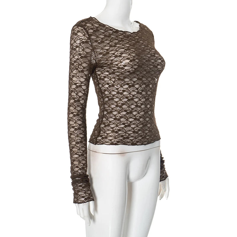 CUTENOVA Lace Women'S Tops Hollow Out Basic Casual Elegant Long Sleeve Tops See-Through Party For Sexy Lady Fashion Street Tops