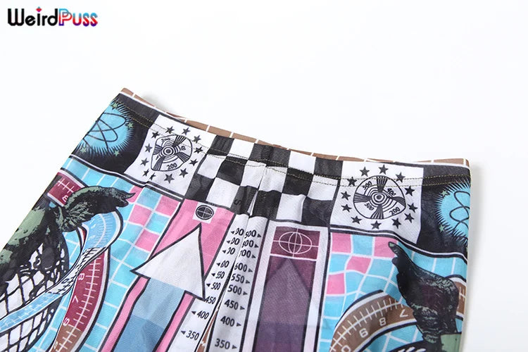 Weird Puss Pixel Print Women 2 Piece Set Tracksuit Colorful Full Sleeve Crop Tops+Leggings Stretch Matching Streetwear Outfits