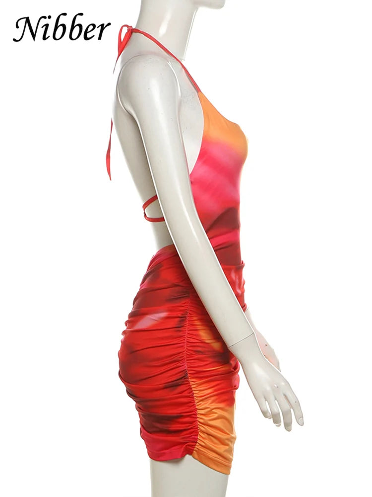 Nibber Spaghetti Strap Sexy Dress Women Y2K Backless Peach Hip Lace Up Bodycon Gradient Print Summer Beach Vacation Clubwear
