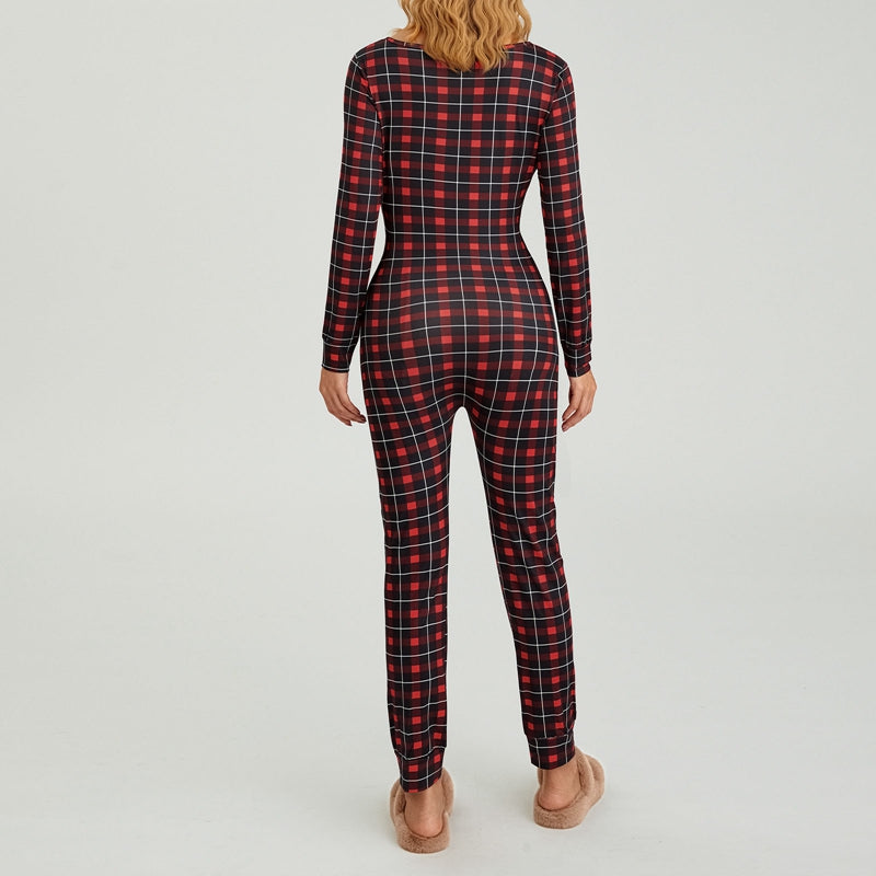 Women's Christmas Pajamas Romper Long Sleeve Zip Up Jumpsuit Button Bodycon Bodysuit Snowflake Plaid Print Loungewear