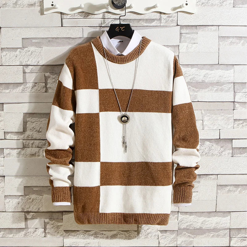Men's Fashion Long Sleeve Round Neck Black and White Striped Chenille Sweater Autumn/winter Comfort Knit