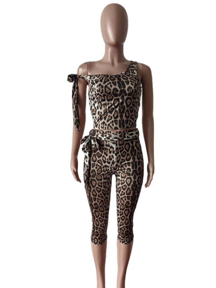 Weird Puss Summer 2 Piece Set Women Leopard Print Inclined Shoulder Tank Tops+Shorts Stretch Tight Matching Streetwear Outfits