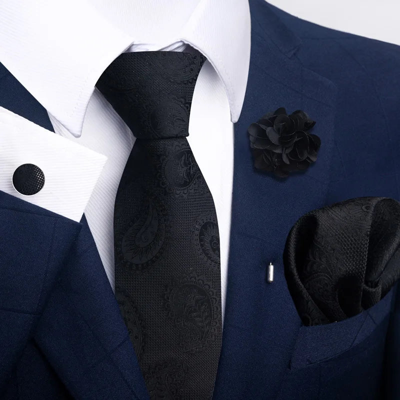 Luxury Mens Ties Floral Black Gold Ties Paisley NeckTie Pocket Square Cufflinks Brooch Set Men's Wedding Party Tie