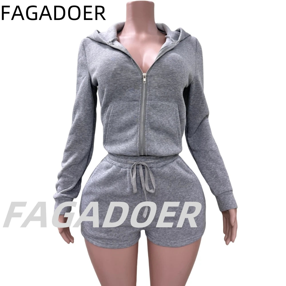FAGADOER Casual Solid Hooded Zip Shorts Tracksuits Women