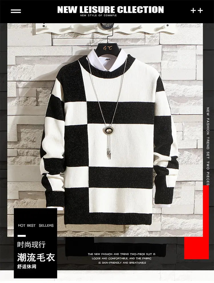 Men's Fashion Long Sleeve Round Neck Black and White Striped Chenille Sweater Autumn/winter Comfort Knit