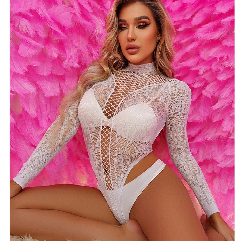 New Sexy One Piece Hollow Out Summer Crotchless Bodysuit Women Lace Clothes Deep V Open Bra Bodysuits Dress Black Jumpsuit
