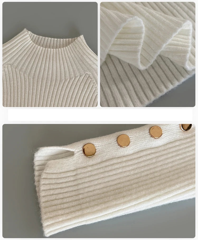 Autumn Winter Sweater Women Pullovers Long Sleeve Tops Clothes Slim Knit Soft Jumper Streetwear Button Turtleneck Sweater