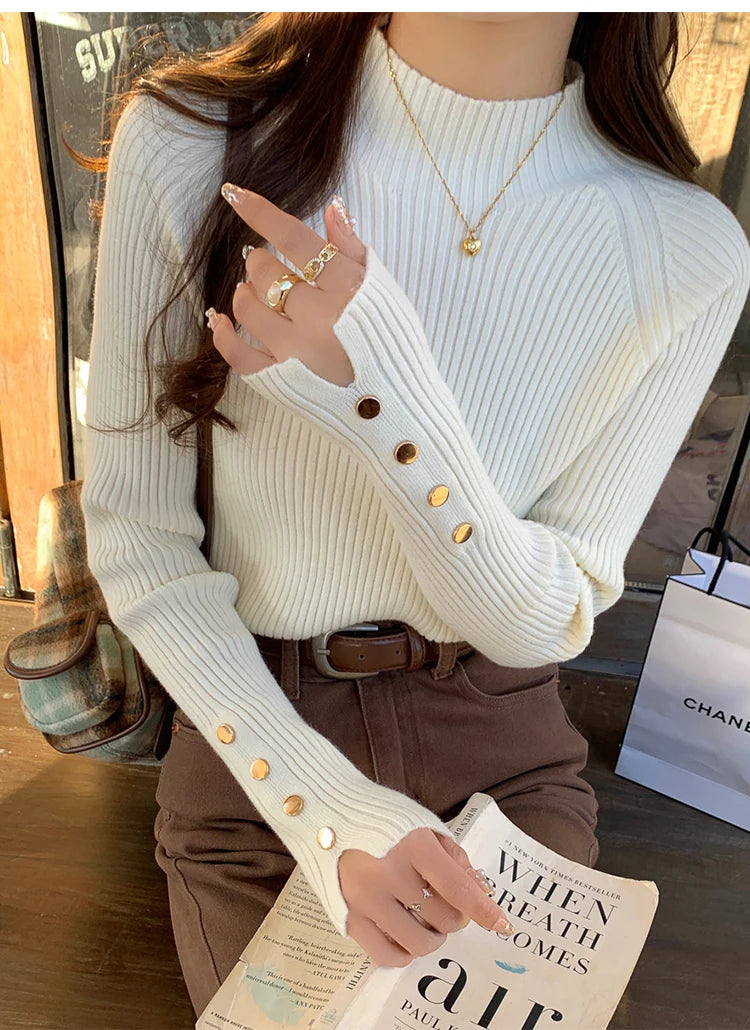 Autumn Winter Sweater Women Pullovers Long Sleeve Tops Clothes Slim Knit Soft Jumper Streetwear Button Turtleneck Sweater