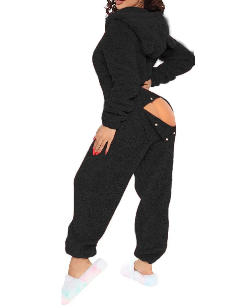 Women Plush Velvet Hooded Jumpsuits Button Open Butt Fluffy Hoodies Bodysuits Casual Playsuits Tracksuits One-piece Overalls 2XL