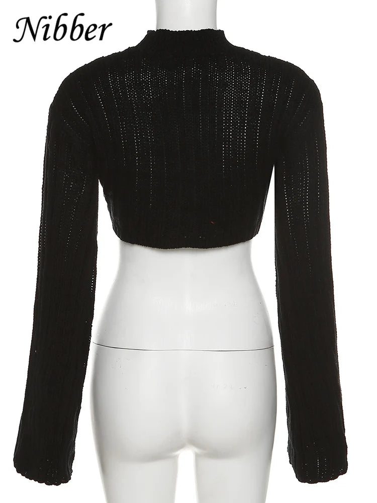 Nibber Autumn Solid Color Pullovers Clother For Women O-neck Midriff-baring Long-sleveed All-match Sweater Streetwear Travel