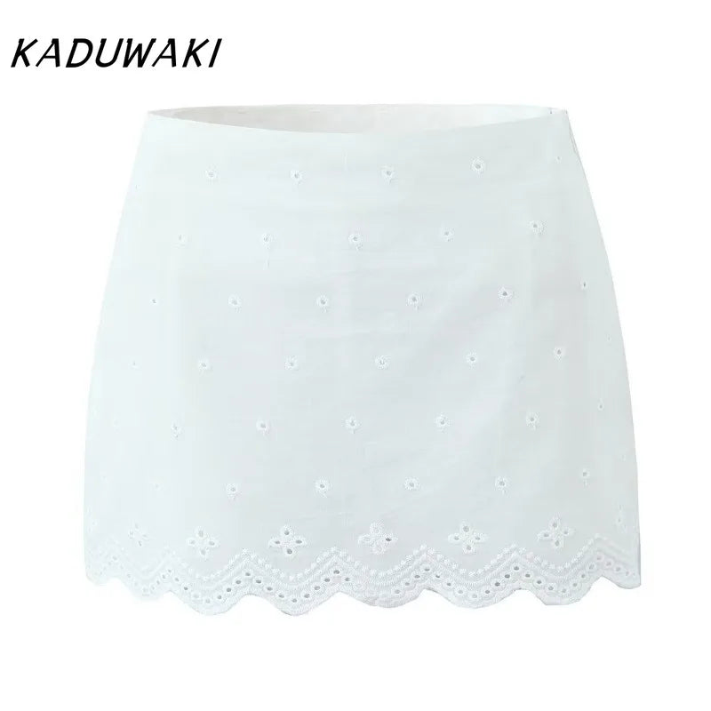 KADUWAKI Sexy White Embroidery Hollow Out Lace Halter Tank Top Side Zipper Waist Package Hips A-line Skirt 2 Piece Sets Summer