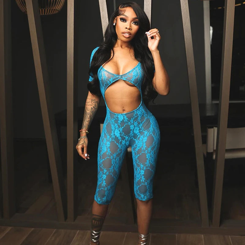 CUTENOVA Spring New Sexy Lace Patchwork Short Sleeve Cut Hollow Jumpsuit Floral Mesh Sheer Jumpsuit