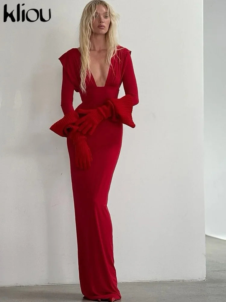 kliou Pleated Elegant Women Maxi Dress Fashion Solid Concise Deep V-neck Full Sleeve Sheath Robe Lady High Street Evening Frock