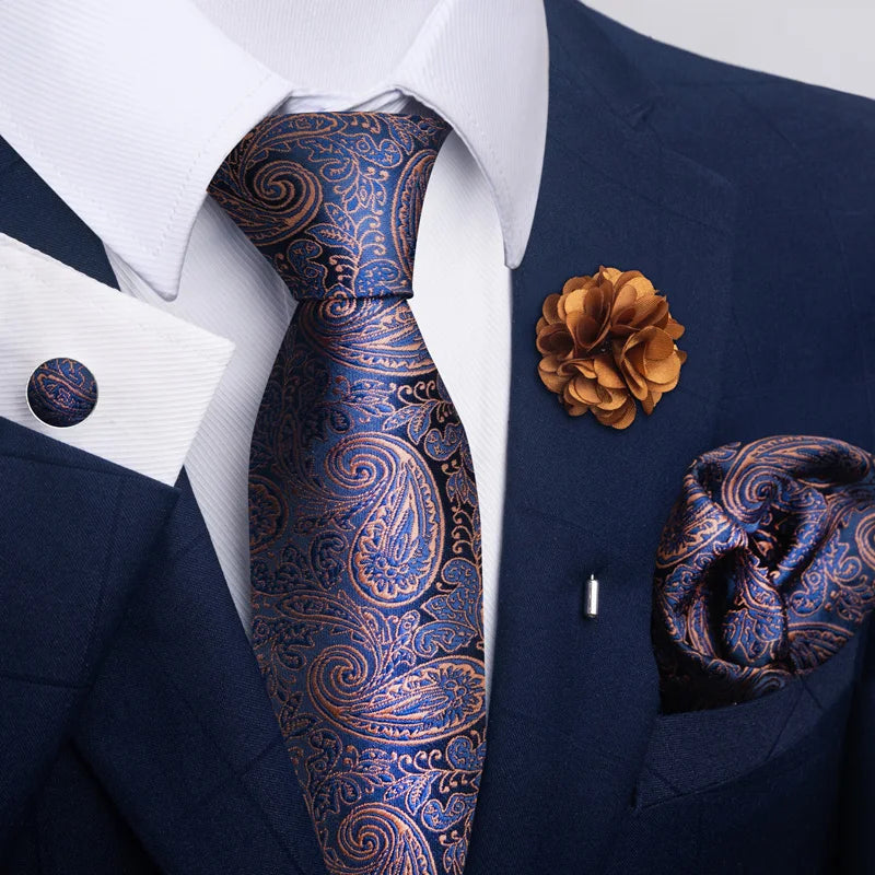 Luxury Mens Ties Floral Black Gold Ties Paisley NeckTie Pocket Square Cufflinks Brooch Set Men's Wedding Party Tie