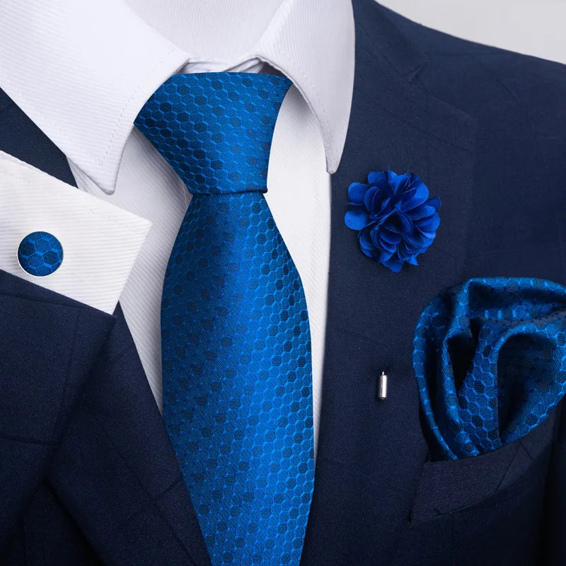 Luxury Mens Ties Floral Black Gold Ties Paisley NeckTie Pocket Square Cufflinks Brooch Set Men's Wedding Party Tie