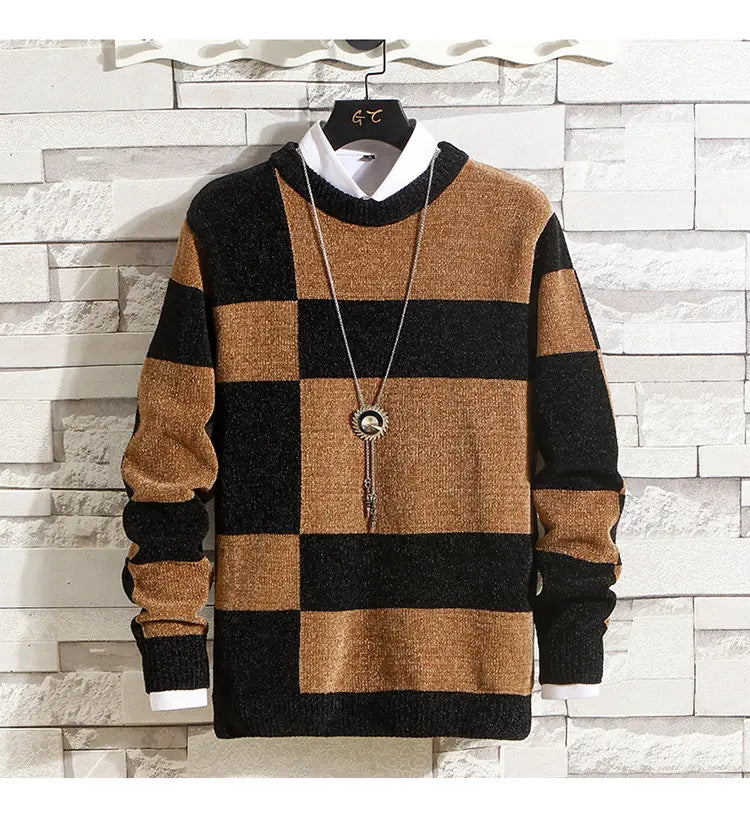 Men's Fashion Long Sleeve Round Neck Black and White Striped Chenille Sweater Autumn/winter Comfort Knit