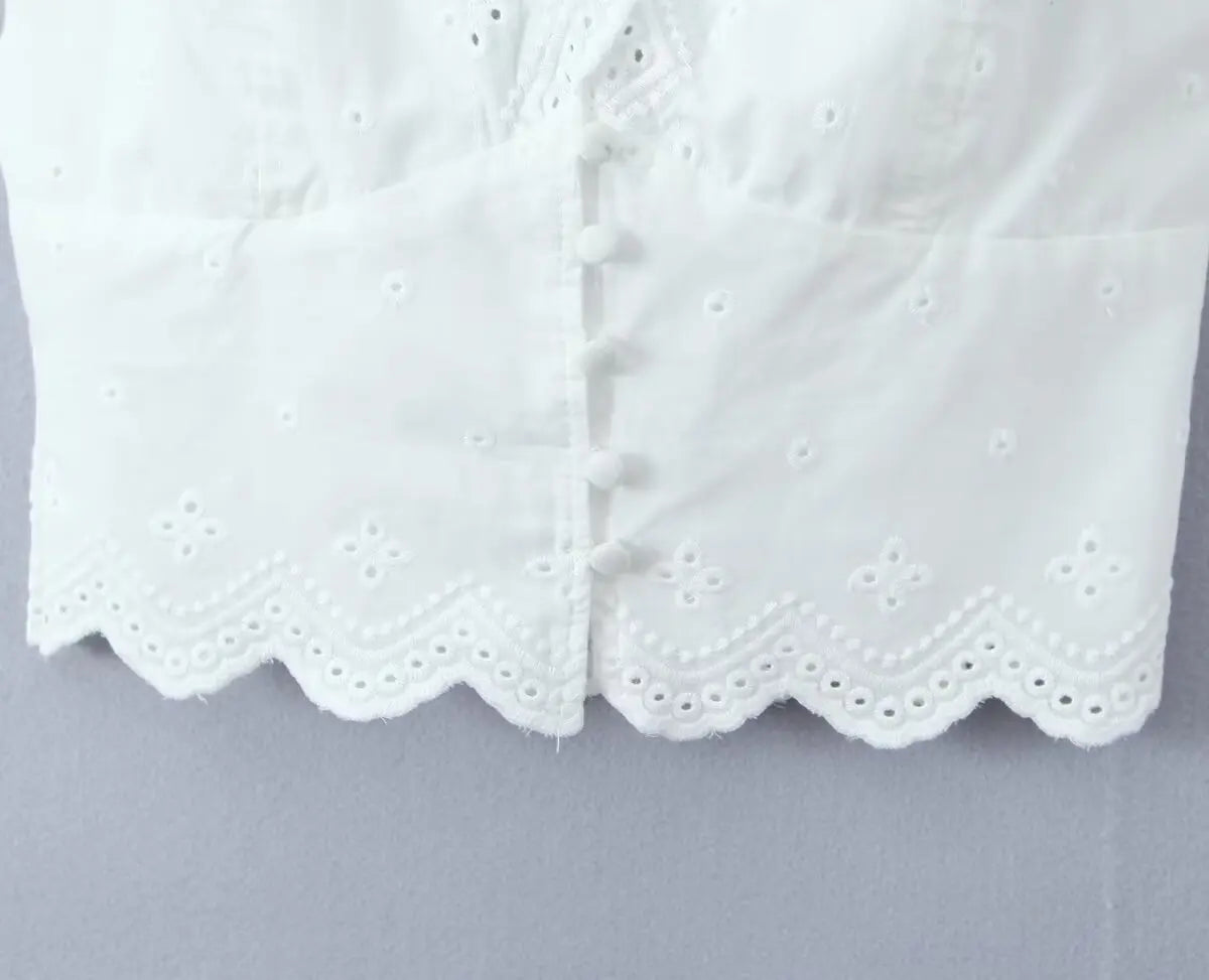 KADUWAKI Sexy White Embroidery Hollow Out Lace Halter Tank Top Side Zipper Waist Package Hips A-line Skirt 2 Piece Sets Summer