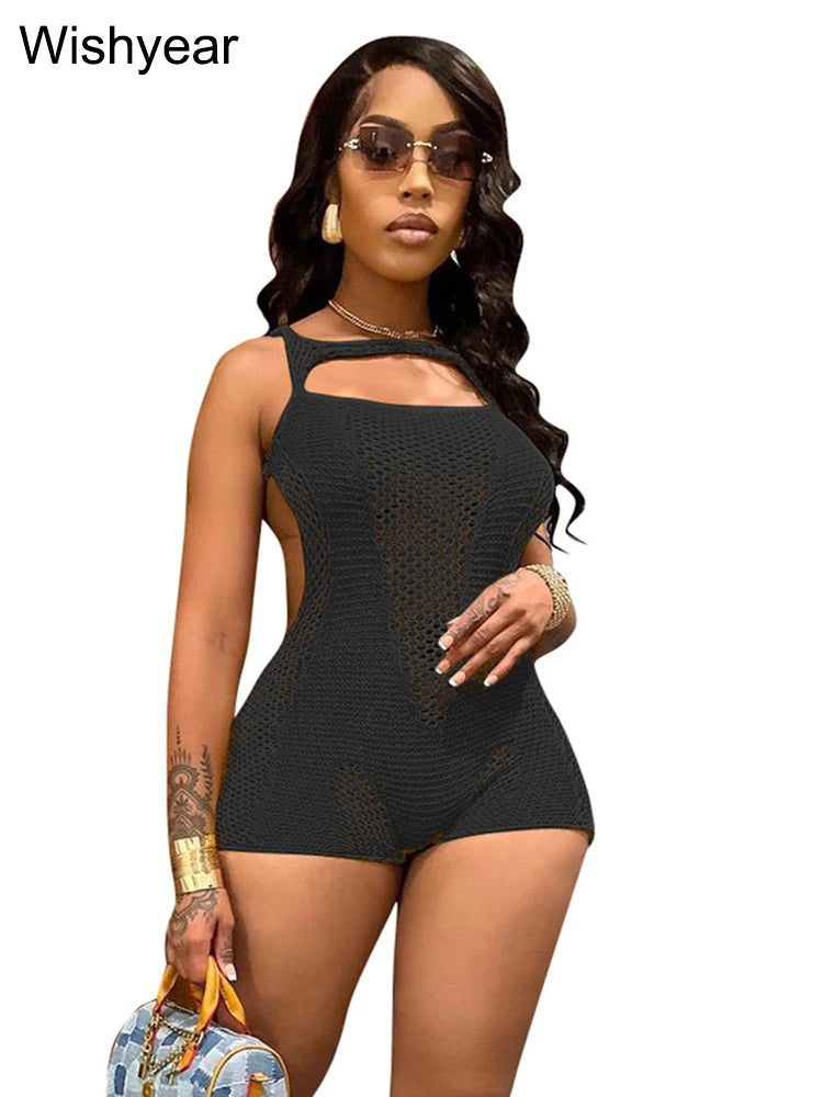 Sexy See Through Hollow Out Knitted Romper Sleeveless Crochet See Through Backless Solid Skinny Summer Beach Playsuits Clubwear