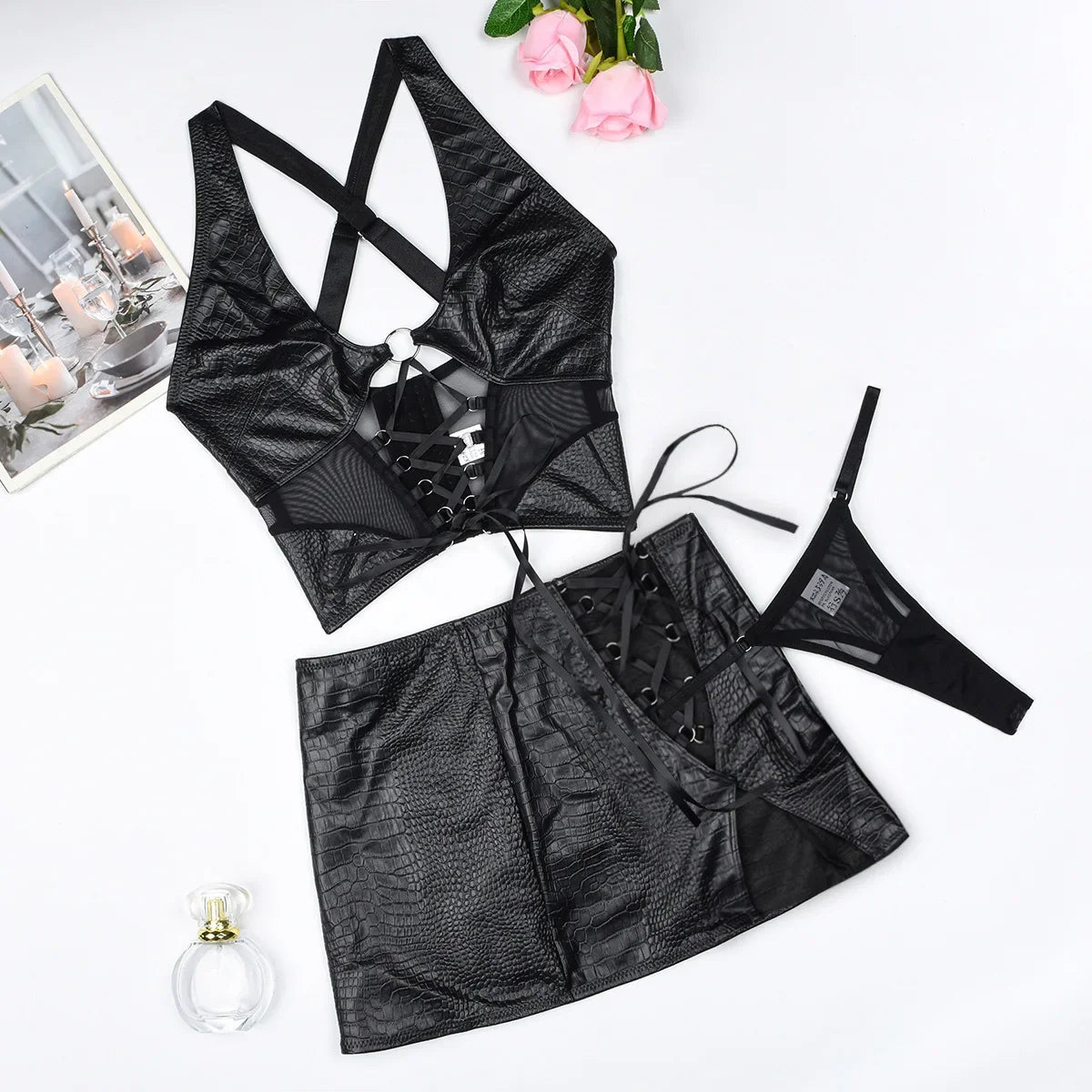 Hot-selling new high-quality leather cloth mesh yarn sexy straps cross-hanging neck sexy underwear set sexy lingerie body suit