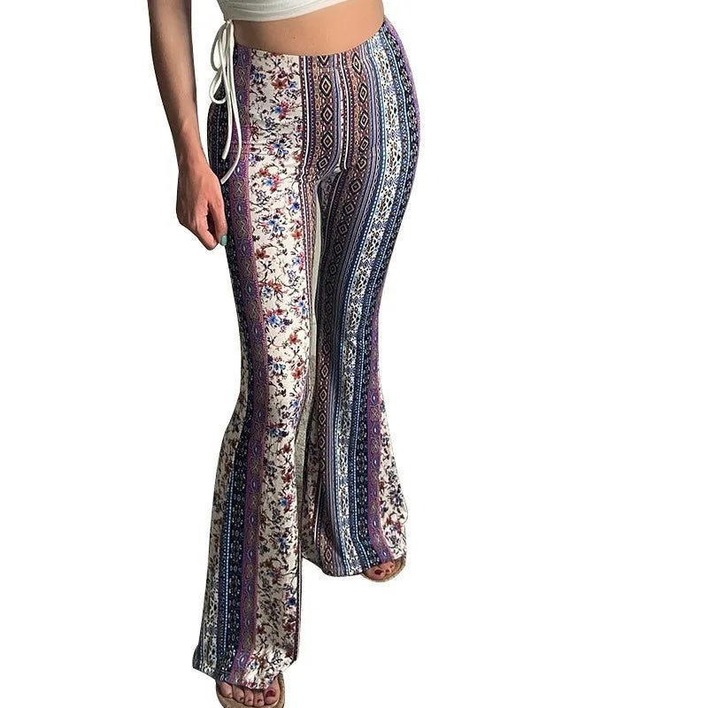Summer Bohemia Women’s Bootcut Pants Elastic Trousers New Fashion Slim Fit Tight Printed Casual Pant Female Long Streetwear