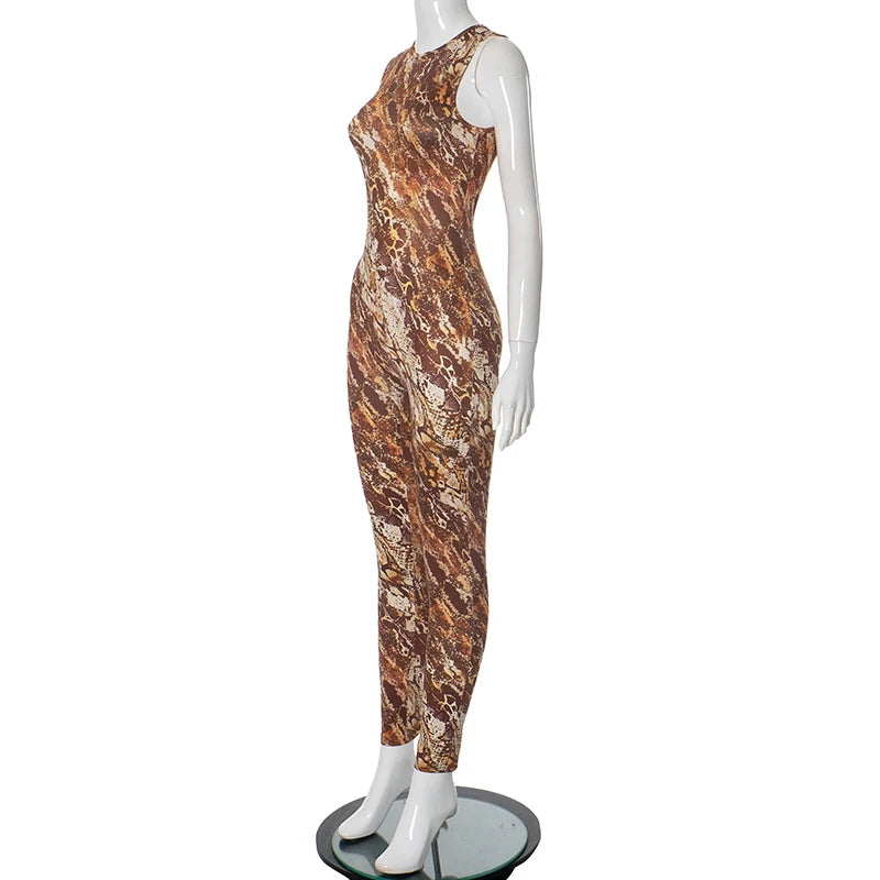 CUTENOVA 2025 Spring Brown Single Shoulder Long Sleeve One Piece Jumpsuit Snake Print Back Zipper Jumpsuits For Women Sexy Wear