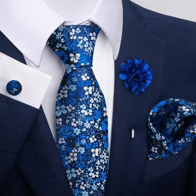 Luxury Mens Ties Floral Black Gold Ties Paisley NeckTie Pocket Square Cufflinks Brooch Set Men's Wedding Party Tie