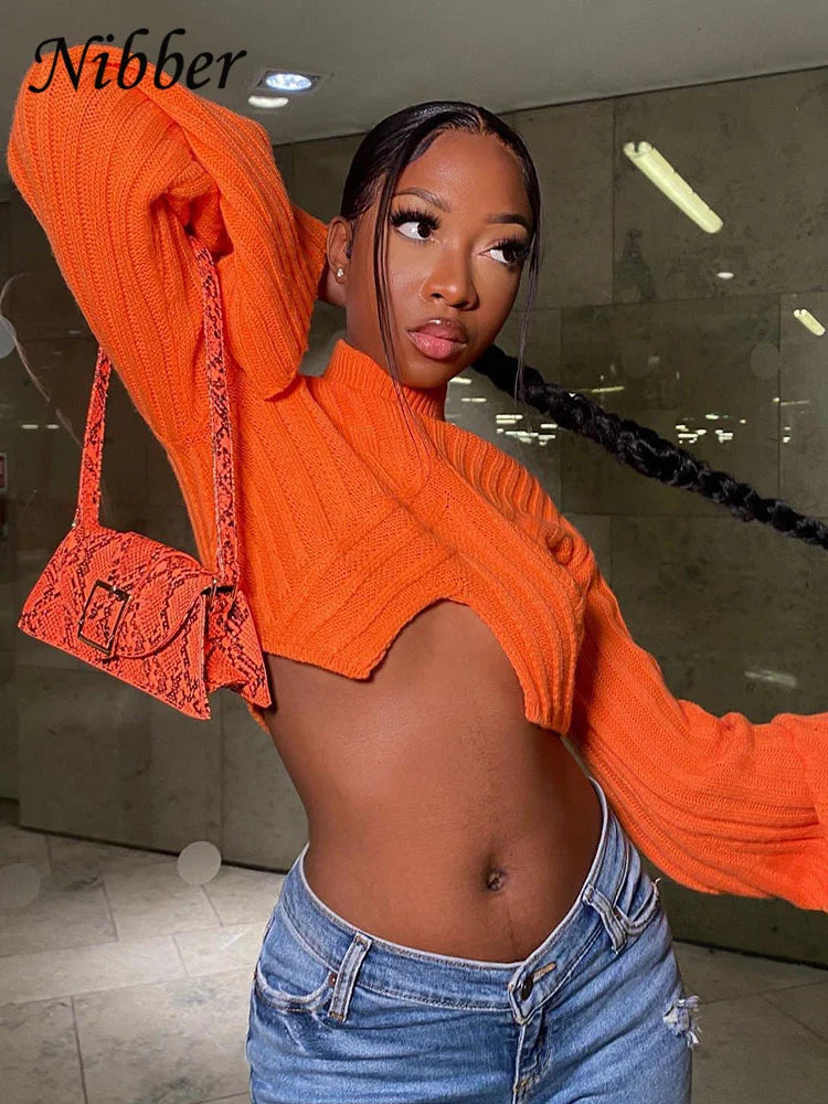 Nibber Autumn Solid Color Pullovers Clother For Women O-neck Midriff-baring Long-sleveed All-match Sweater Streetwear Travel