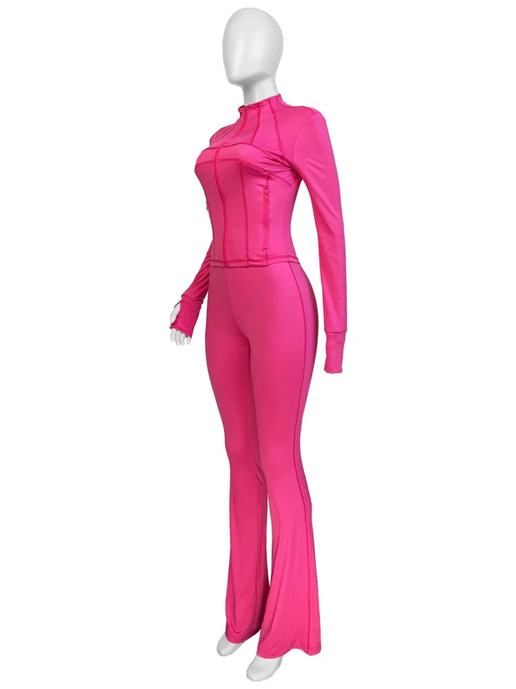Autumn And Winter New Long Sleeves Zipper Crop top Suits Tracksuits Women's Suits Fashion Pants Female Soild 2 Piece Sets
