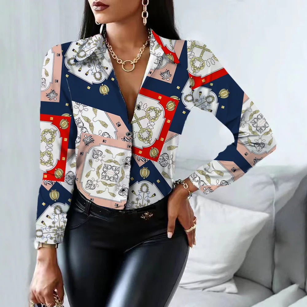 Elegant Office Ladies Turn Down Colar Blouseshirt Women Vintage Popular Printing Slim Shirts Autumn Fashion Long Sleeve Tops