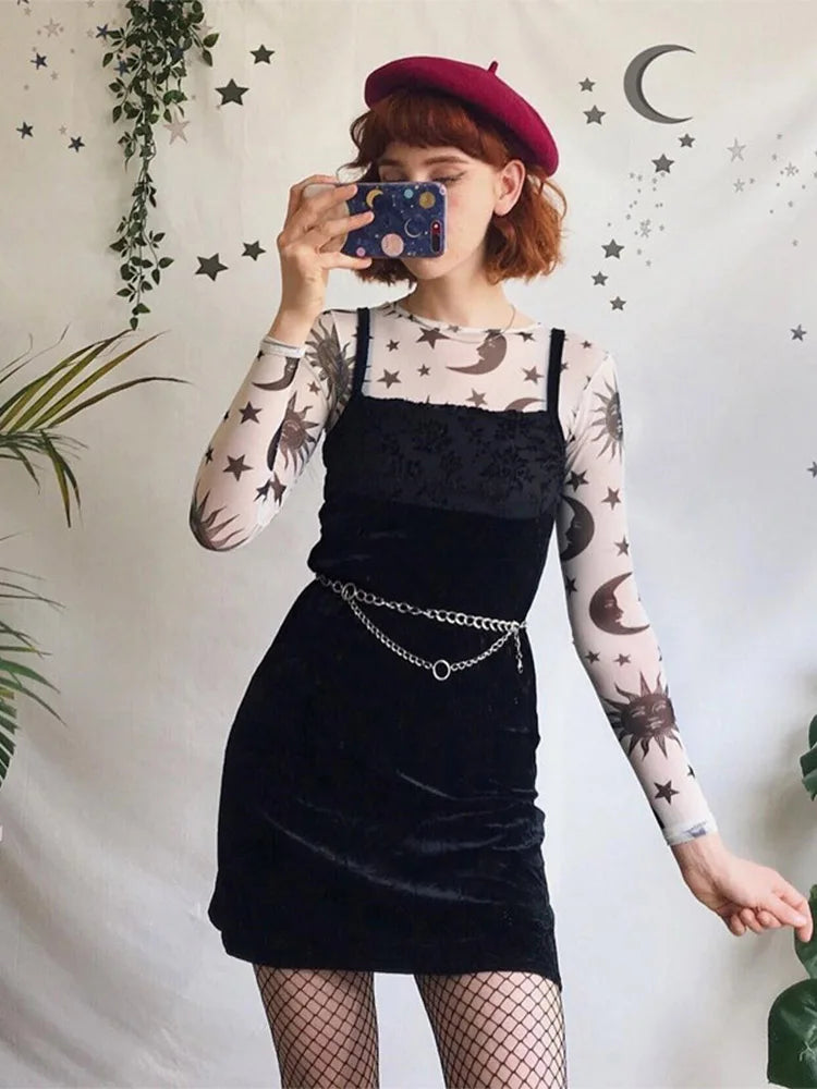 Sun Moon Printed Transparent Mesh Sexy T-Shirt Women O-Neck Long Sleeve Slim Basic Casual Female Tops Spring New