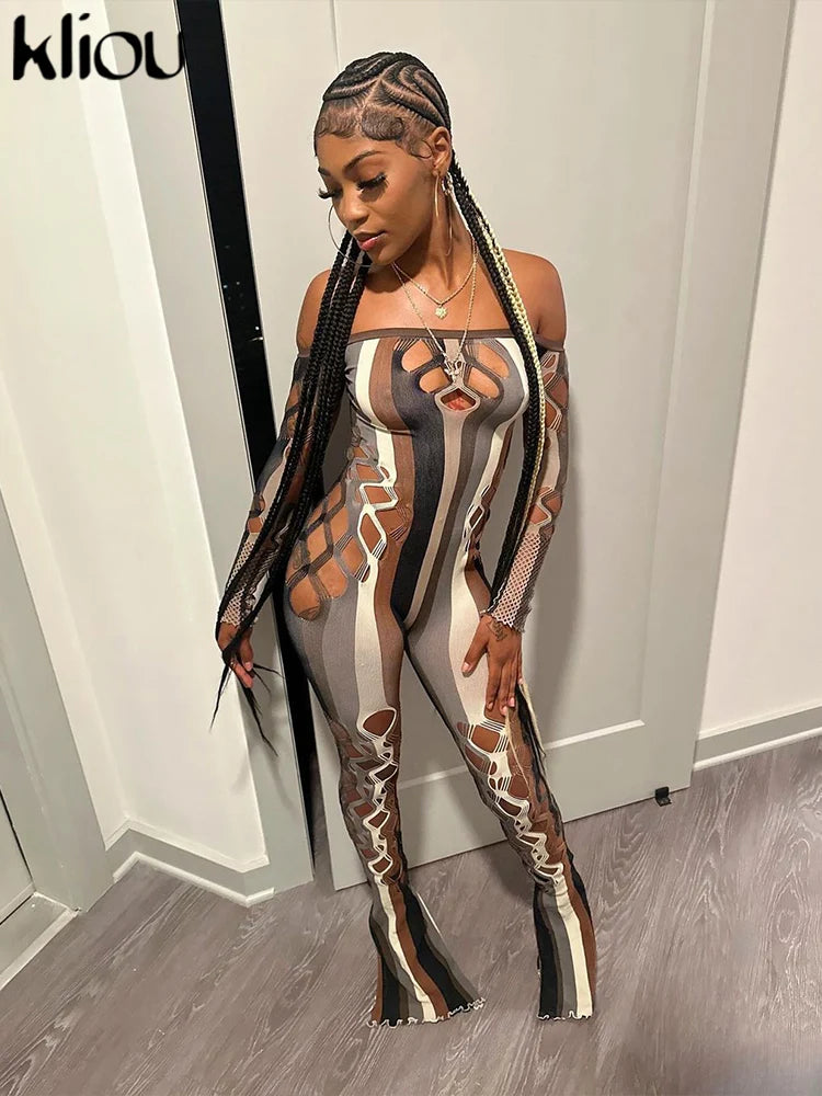 kliou Mesh Stripe Women Jumpsuits Hipster Sexy Thin See Through Off Shoulder Hollow Sheath Overalls Female Attractive One Piece