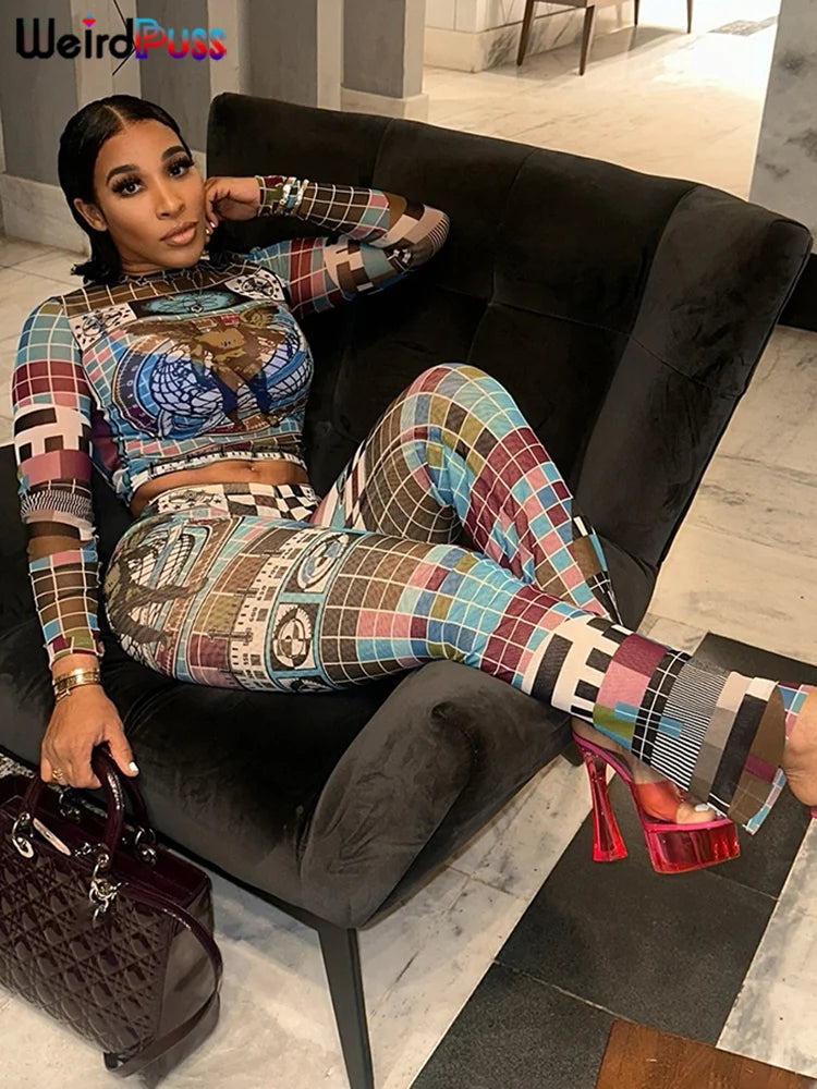 Weird Puss Pixel Print Women 2 Piece Set Tracksuit Colorful Full Sleeve Crop Tops+Leggings Stretch Matching Streetwear Outfits