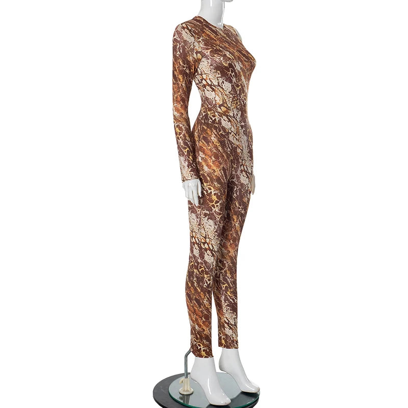 CUTENOVA 2025 Spring Brown Single Shoulder Long Sleeve One Piece Jumpsuit Snake Print Back Zipper Jumpsuits For Women Sexy Wear