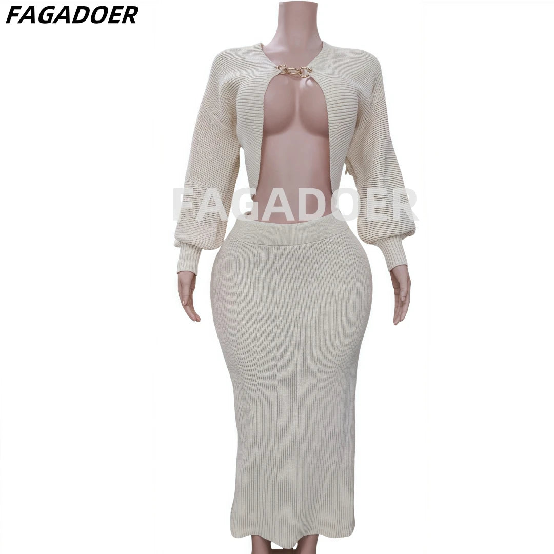 FAGADOER High Quality Elegant Knit Women 2 Piece Set Outfit Hollow Out Lantern Sleeve Crop Cardigan + Long Skirt Suit Streetwear