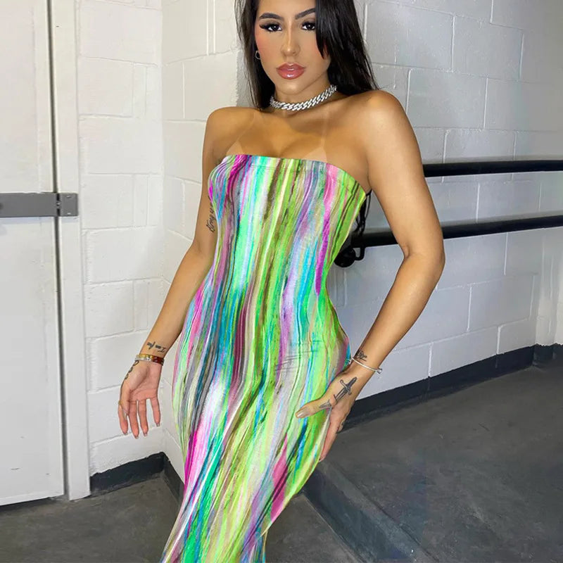 Tie Dye Bodycon Bandage Dress Women Midi Sexy Party Dresses Off Shoulder Strapless Summer Y2k Club Beach Elegant Long Vestidos