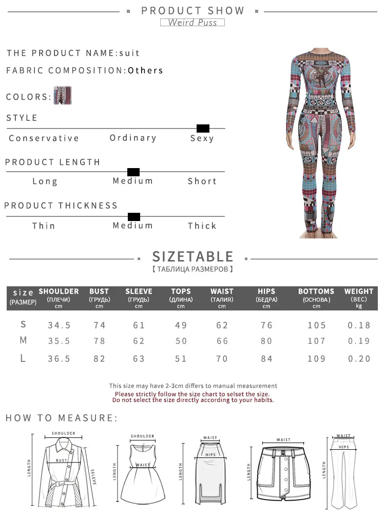 Weird Puss Pixel Print Women 2 Piece Set Tracksuit Colorful Full Sleeve Crop Tops+Leggings Stretch Matching Streetwear Outfits