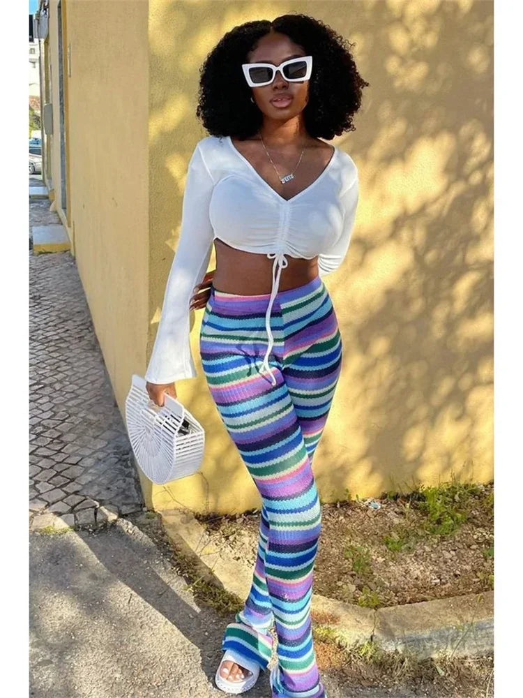 Leosoxs Colorful Striped Women Flare Pants Knitted Elastic Waist Skinny New Summer Trendy Y2K Streetwear Daily Wild Bottoms