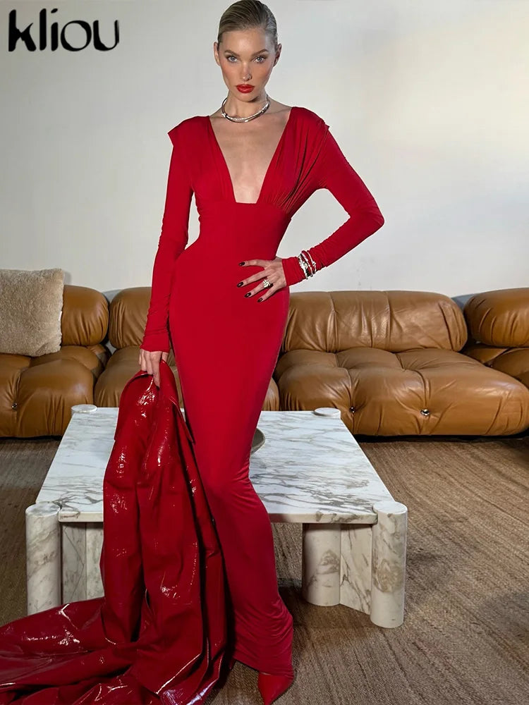 kliou Pleated Elegant Women Maxi Dress Fashion Solid Concise Deep V-neck Full Sleeve Sheath Robe Lady High Street Evening Frock