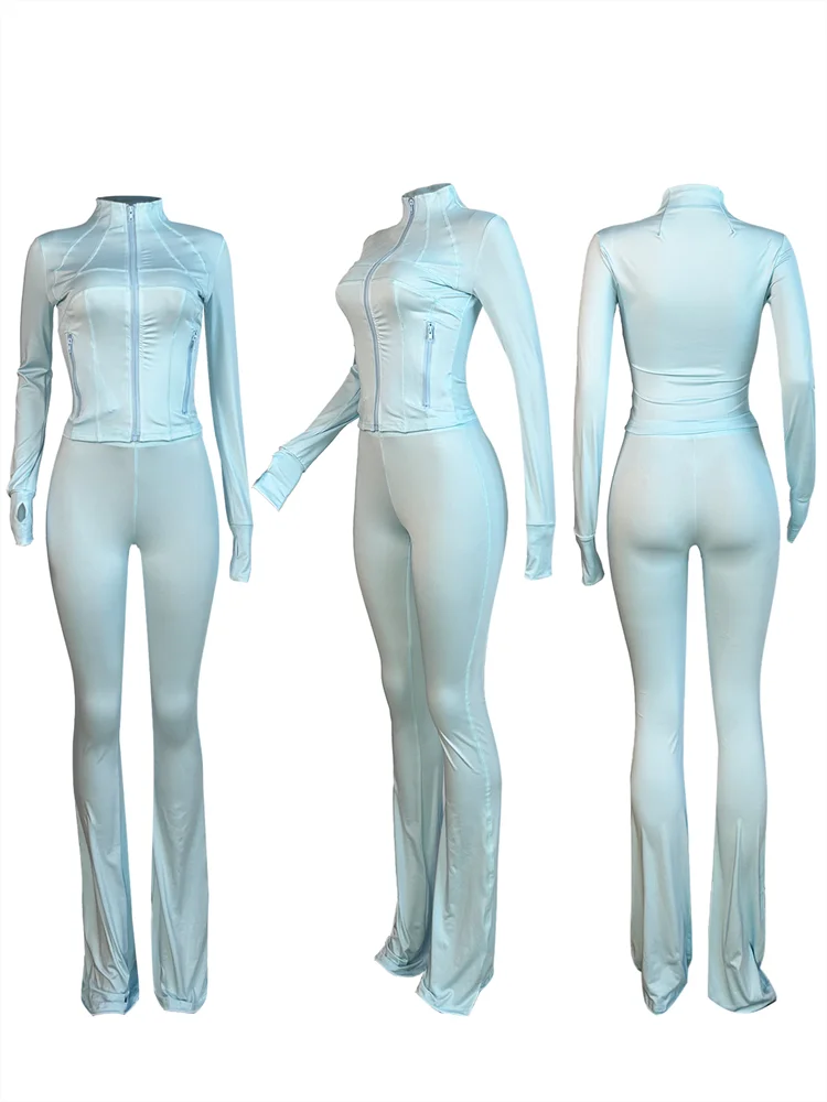 Autumn And Winter New Long Sleeves Zipper Crop top Suits Tracksuits Women's Suits Fashion Pants Female Soild 2 Piece Sets