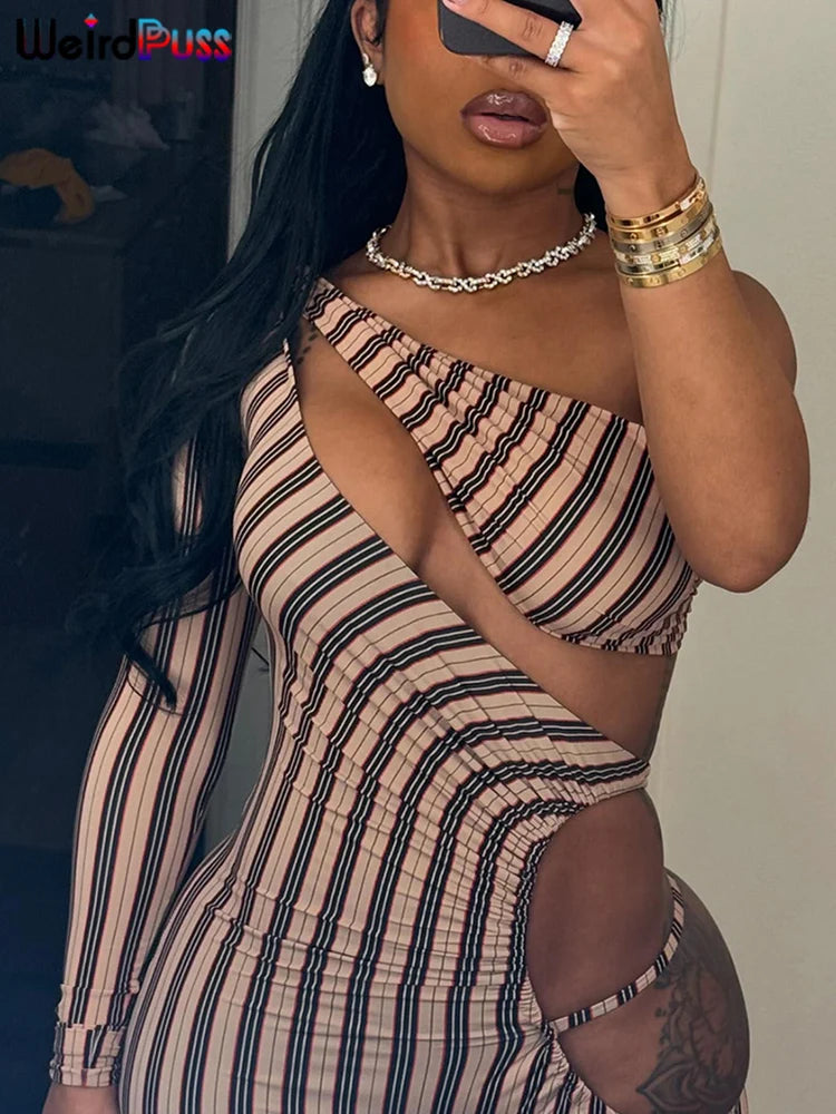 Weird Puss Sexy Hollow Jumpsuit Women Ruched Irregular Hipster Club Stripe Print Full Sleeve Midnight Activity Workout Overalls