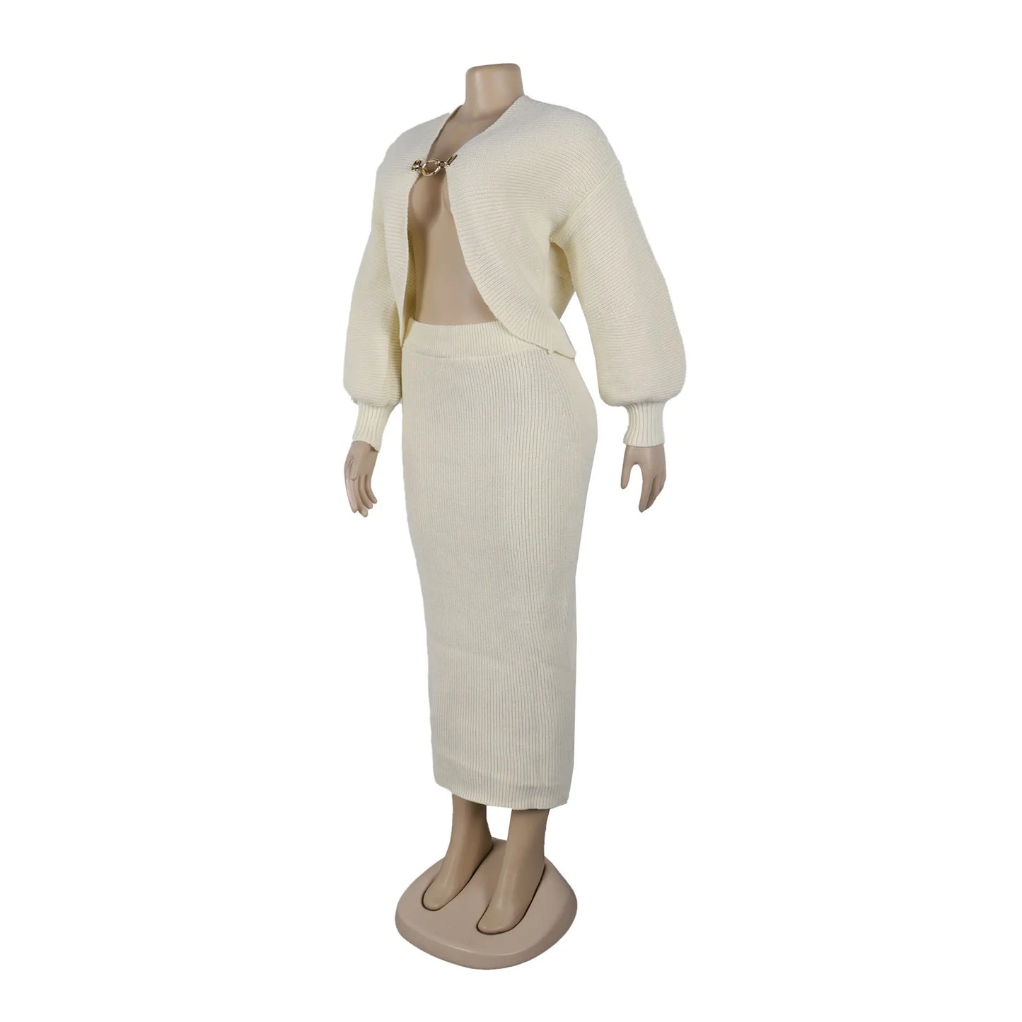 FAGADOER High Quality Elegant Knit Women 2 Piece Set Outfit Hollow Out Lantern Sleeve Crop Cardigan + Long Skirt Suit Streetwear