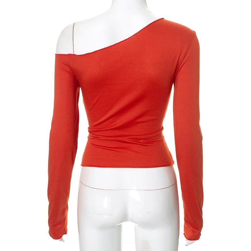 CUTENOVA Autumn Solid Color Slant Neck Off Shoulder Long Sleeve T Shirt Bandage Waist Tie Elegant Cropped Top For Women Wear